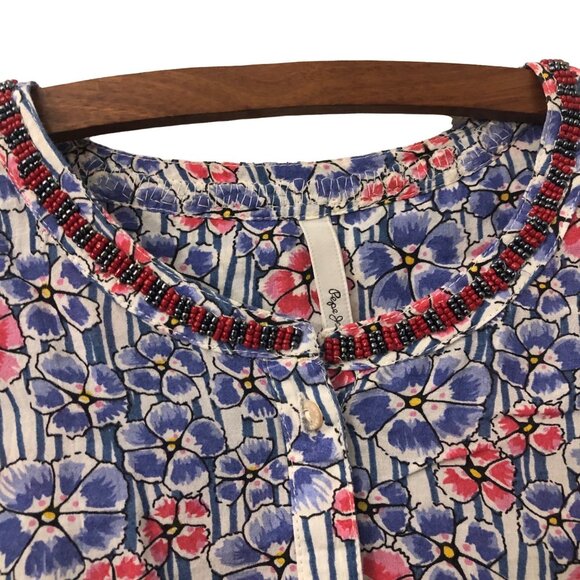 Pepe Jeans Womens Floral Bead Collar Sleeve Trim Button Shirt Size Small - Picture 2 of 7